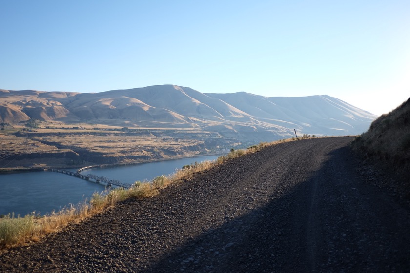 wp-1437433750431 Gravel road, no guardrail, and 700 feet down to the Columbia. Beautiful way to begin the day.